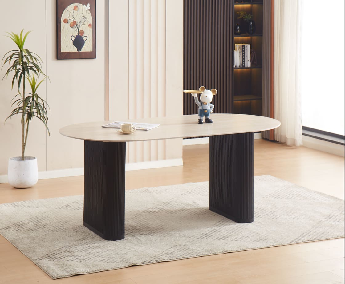 TABLE A MANGER SELENA PIED METAL NOIR PLATEAU EN CERAMIQUE TRAVERTIN MAT 180x90cm