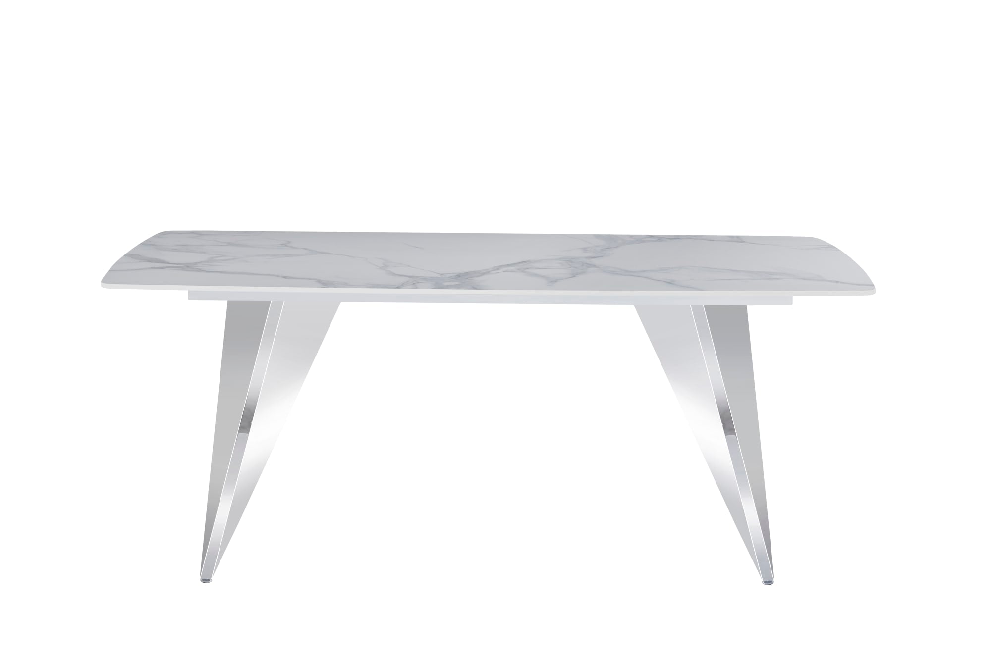 TABLE A MANGER GRAFFI PIED CHROME PLATEAU EN CERAMIQUE MARBRE BLANC180x90x75cm