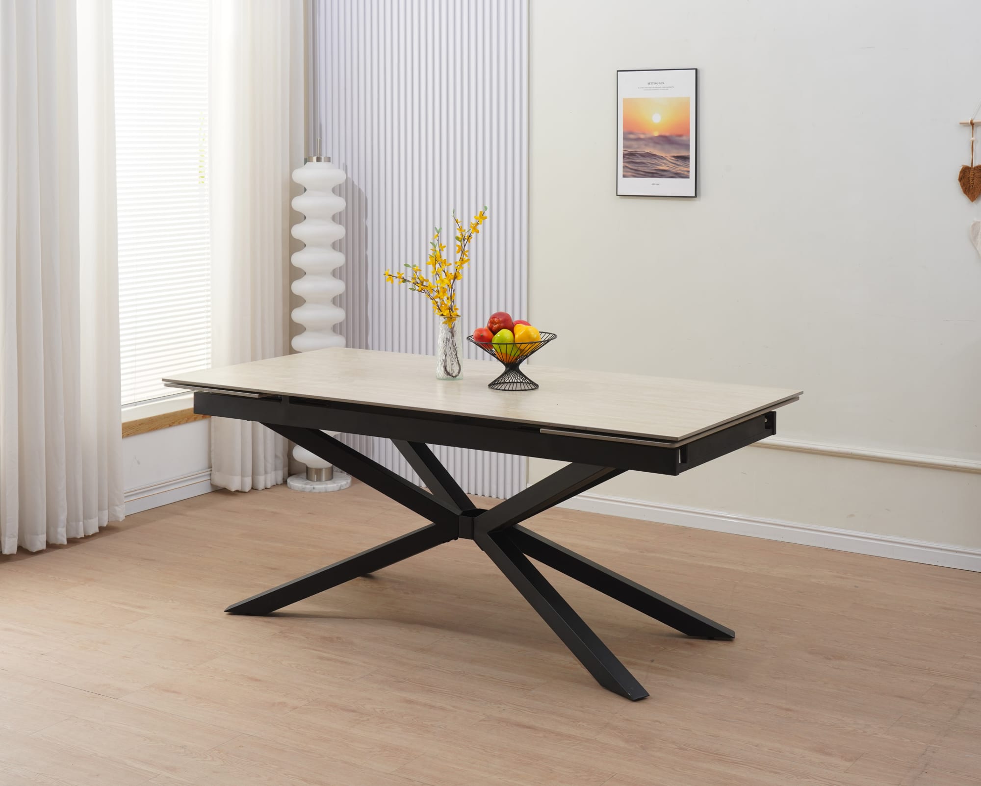 TABLE REPAS EXTENSIBLE NANA PIED METAL NOIR CERAMIQUE TRAVERTIN MAT 180/260x90x76cm