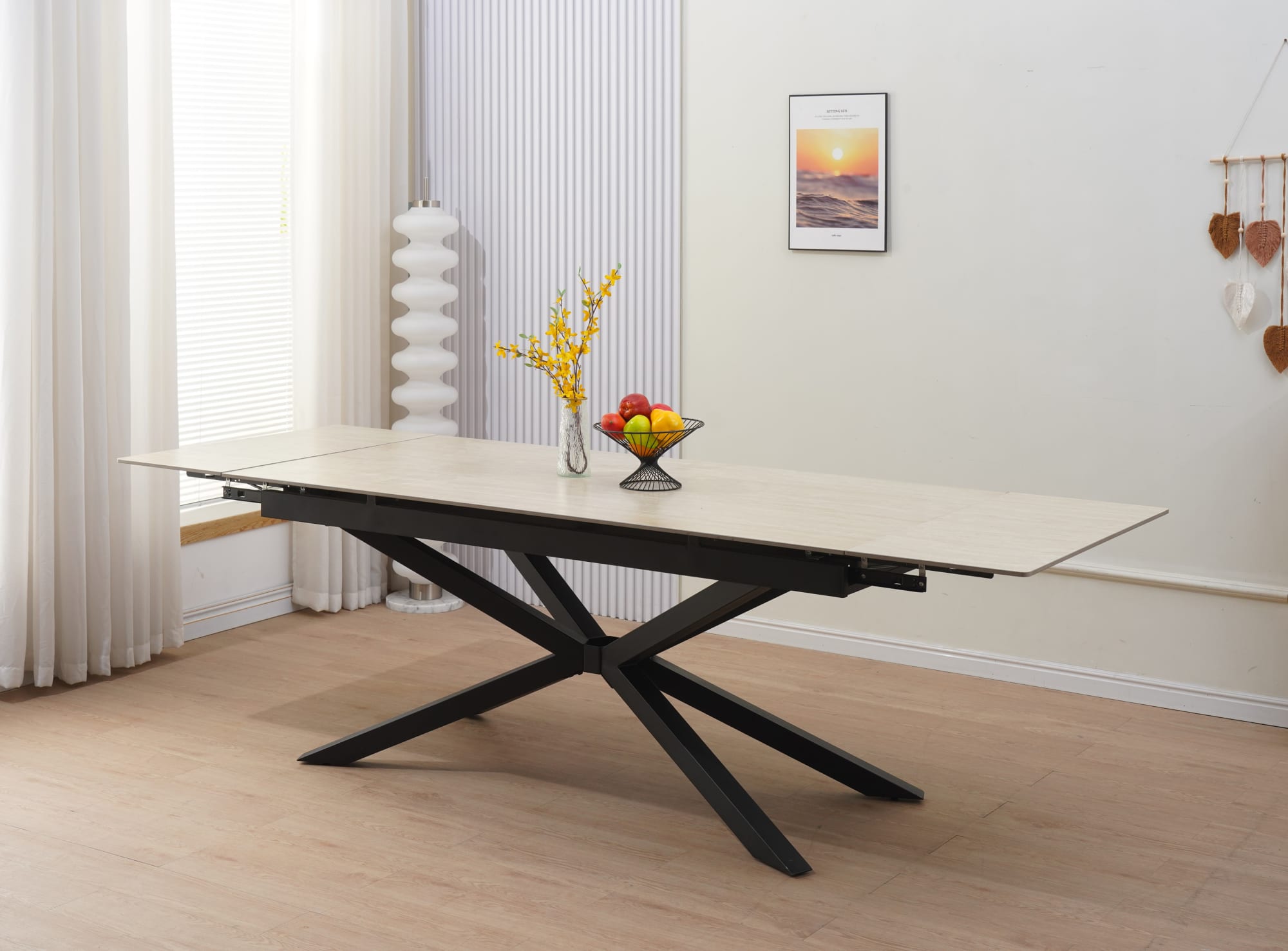 TABLE REPAS EXTENSIBLE NANA PIED METAL NOIR CERAMIQUE TRAVERTIN MAT 180/260x90x76cm