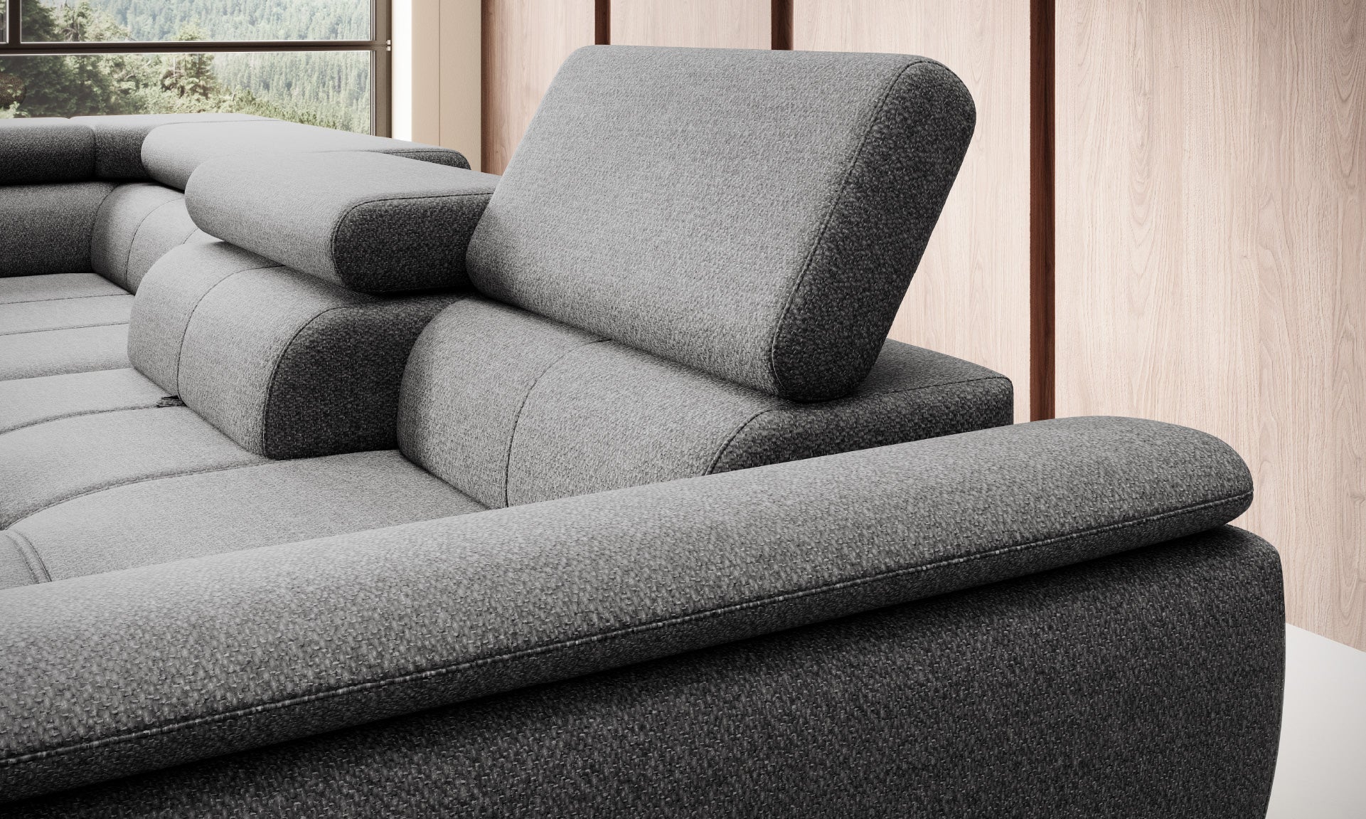 Canapé d’angle convertible moderne avec système d’ouverture DELFIN et dossier coulissant - Decora Home