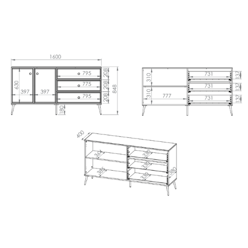 Commode, Buffet, Buffet en Bois Blanc Laqué Brillant avec Pieds Dorés