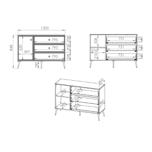Commode, Buffet, Buffet à tiroirs à extension en blanc laqué brillant avec pieds dorés