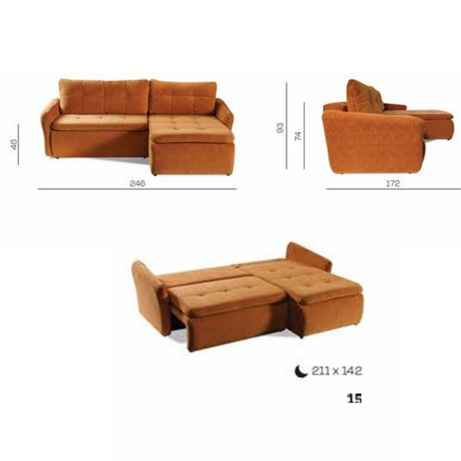 Canapé d’angle convertible 246 cm – Tissu matelassé cannelle – Universel (droite/gauche)