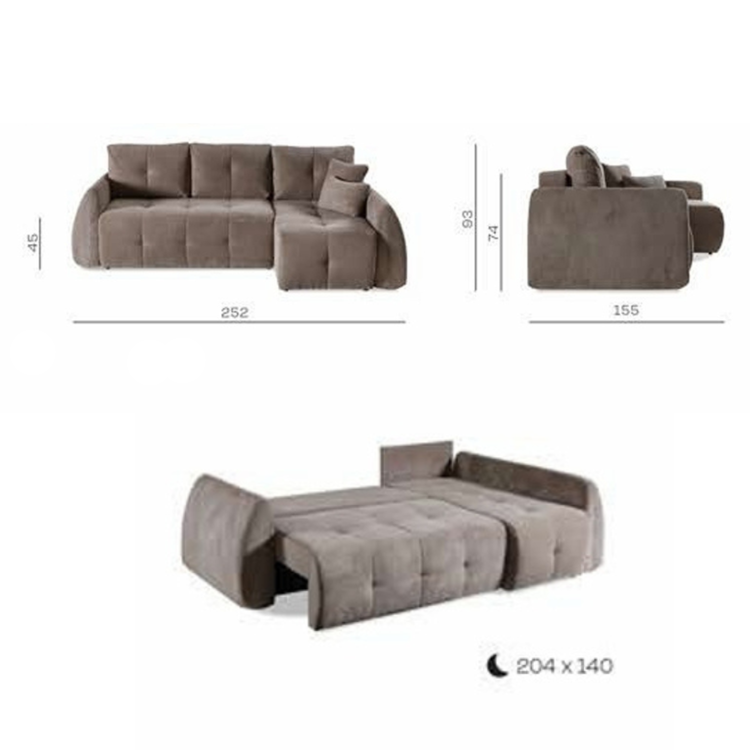 Canapé d'angle extensible matelassé 252 cm avec coffre marron