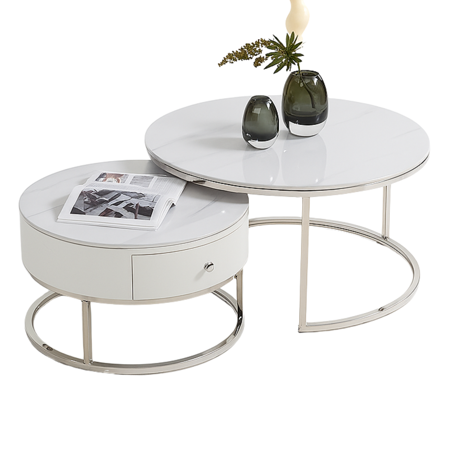 Table Basse Gigogne Céramique Marbre Blanc avec Piètement en acier inoxydable