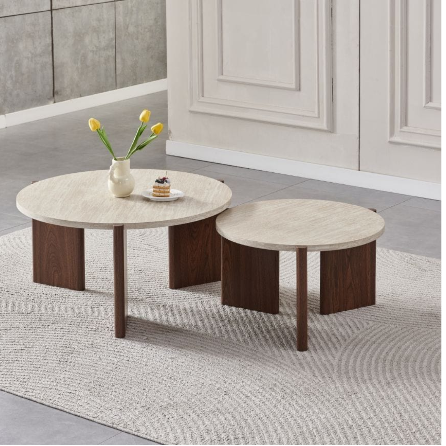 TABLE BASSE DUO EFFET TRAVERTIN PIED NOYER