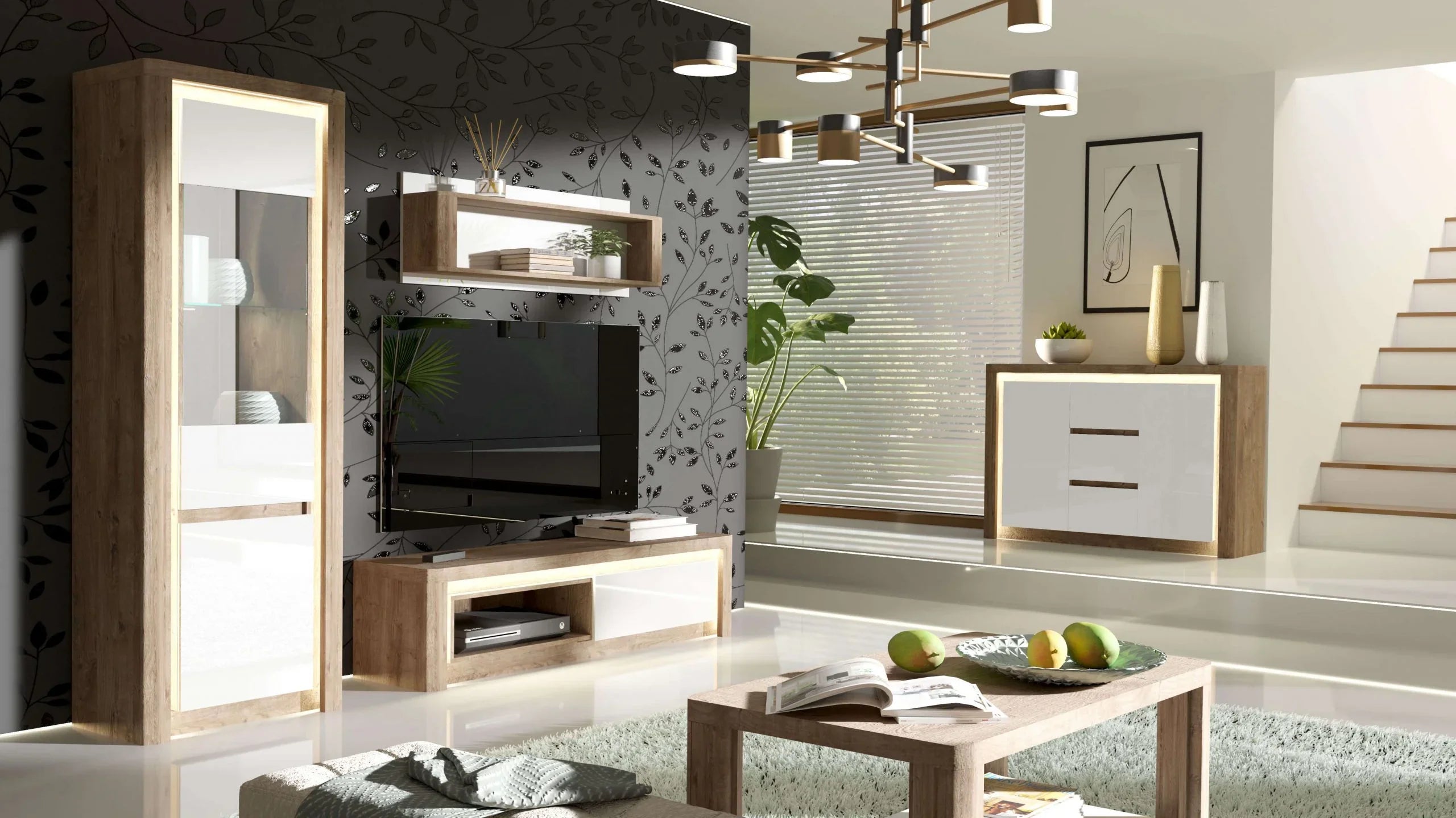 Vitrine avec Façades Blanches Brillantes, Corps Ribbeck et Éclairage LED|Destockage Express|Decora Home