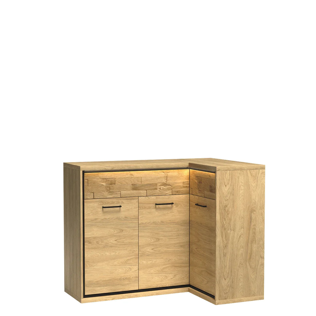 Grande Commode, Buffet d'Angle en Hickory Naturel avec Accessoires Noirs et Éclairage LED - Decora Home