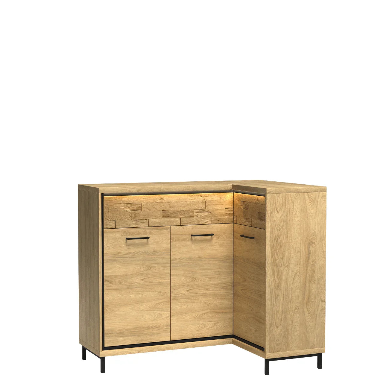 Grande Commode, Buffet d'Angle en Hickory Naturel avec Accessoires Noirs et Éclairage LED - Decora Home