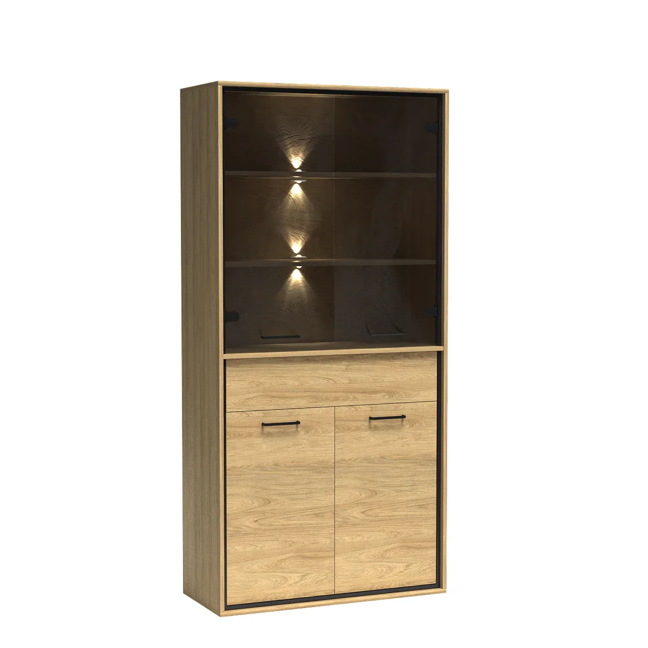 Vitrine en bois de hickory naturel avec deux portes en verre trempé fumé|Destockage Express|Decora Home