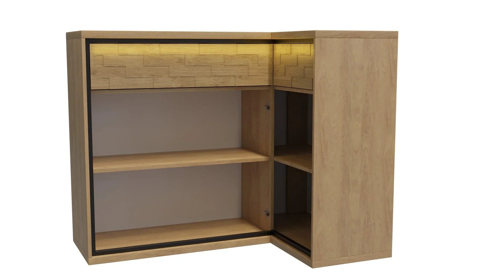 Grande Commode, Buffet d'Angle en Hickory Naturel avec Accessoires Noirs et Éclairage LED - Decora Home
