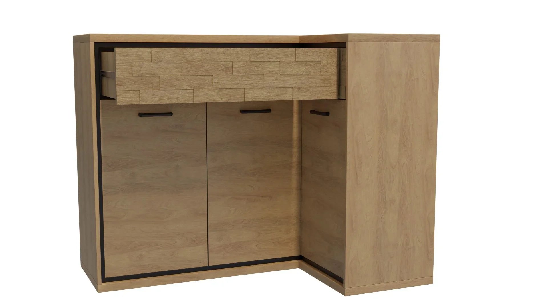 Grande Commode, Buffet d'Angle en Hickory Naturel avec Accessoires Noirs et Éclairage LED - Decora Home