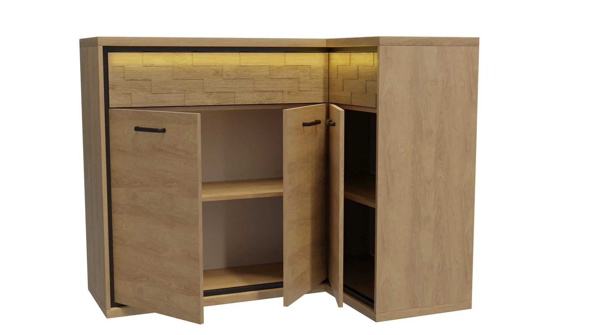 Grande Commode, Buffet d'Angle en Hickory Naturel avec Accessoires Noirs et Éclairage LED - Decora Home