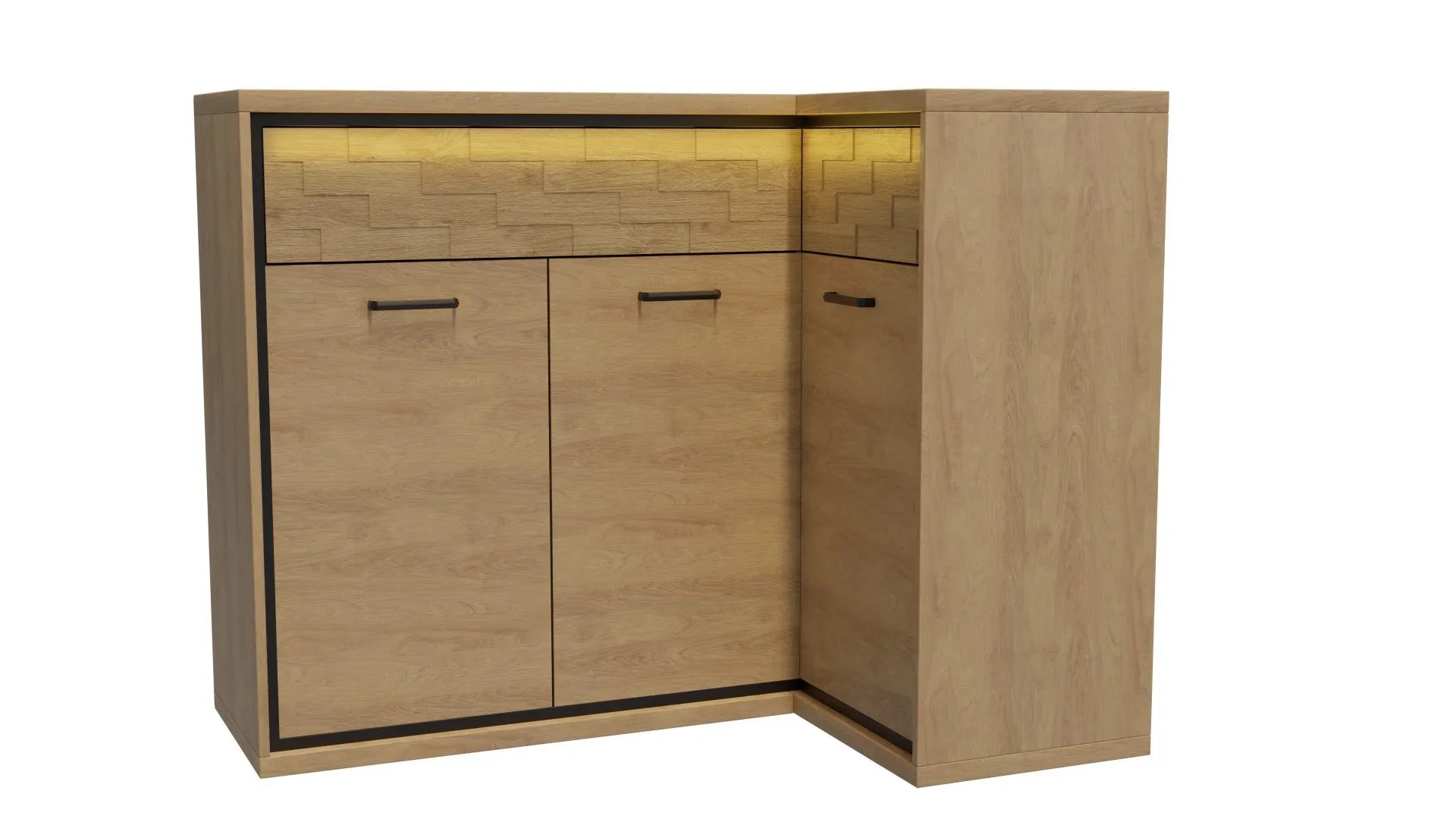 Grande Commode, Buffet d'Angle en Hickory Naturel avec Accessoires Noirs et Éclairage LED - Decora Home