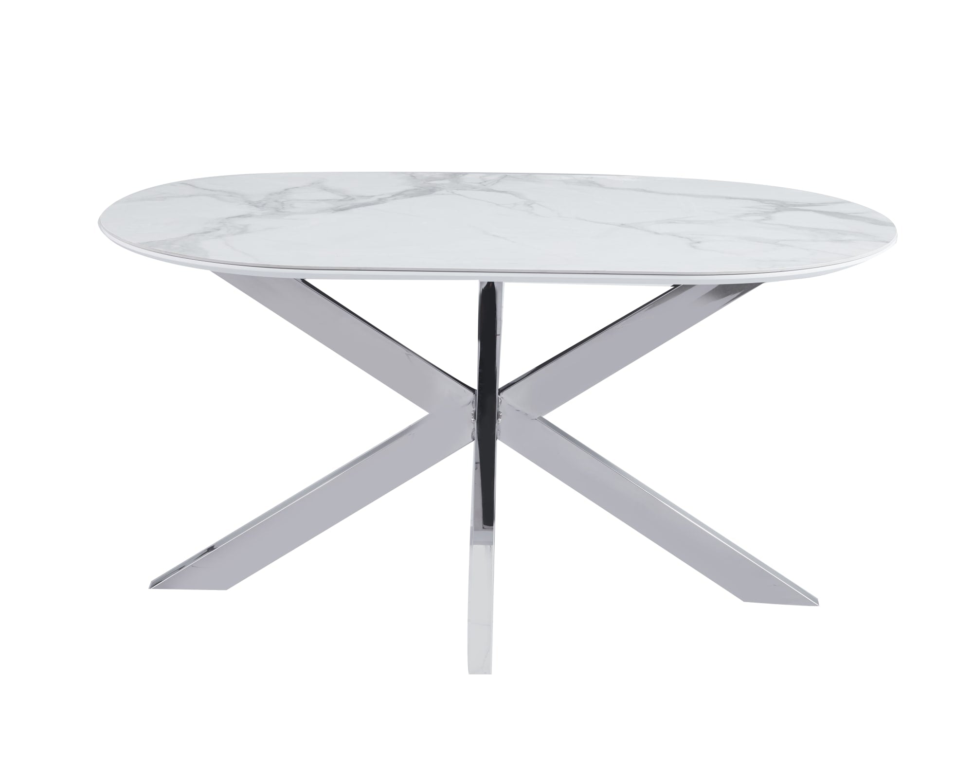 TABLE REPAS MANON PIED CHROME PLATEAU CERAMIQUE MARBRE BLANC 150x90cm
