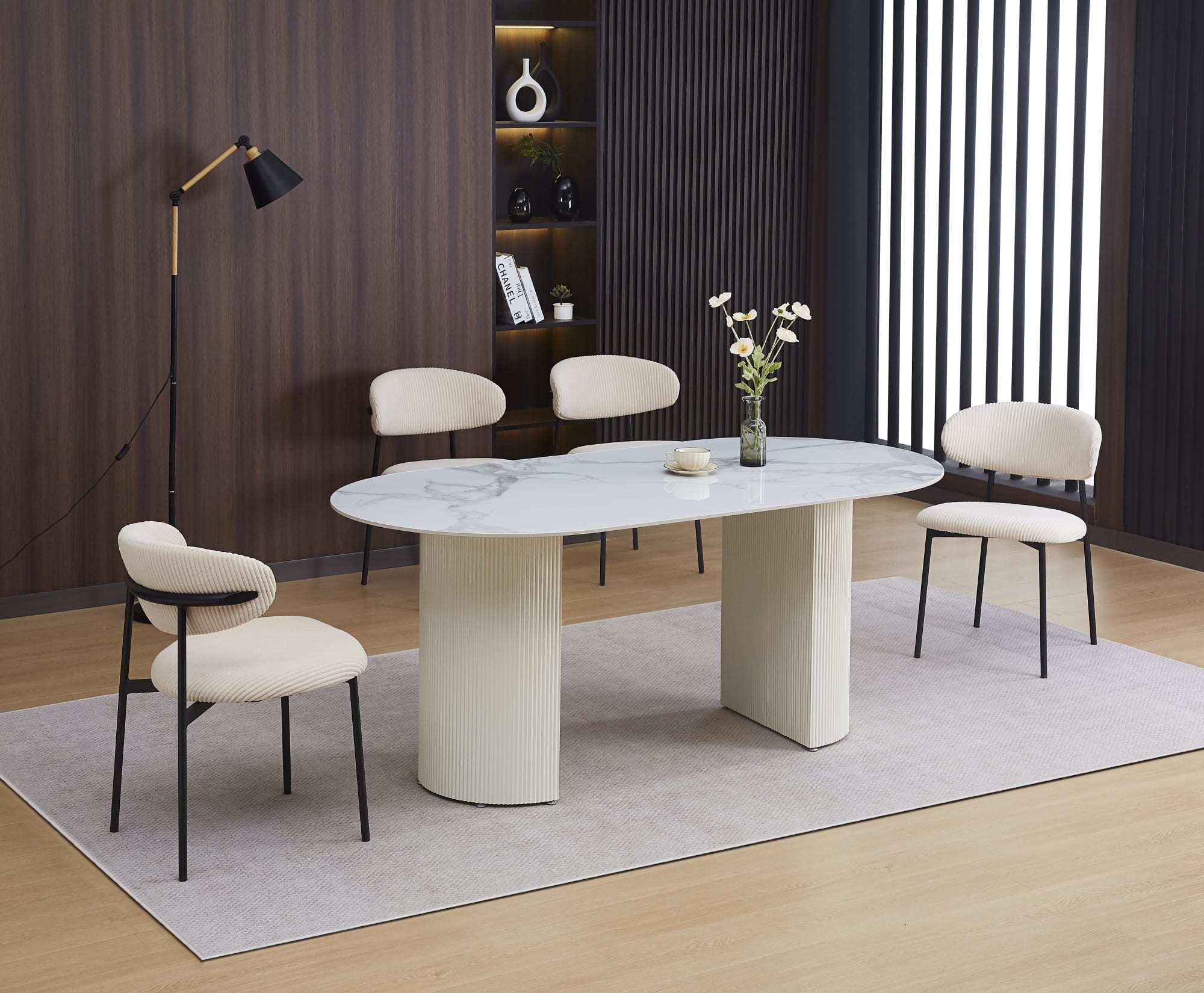 CHAISE LULU PIEDS METAL NOIR COTELE BEIGE