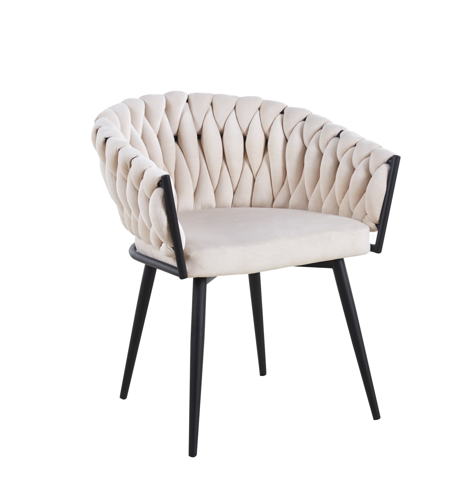 CHAISE AVEC ACCOUDOIR TRESSEE PIED METAL NOIR VELOURS BEIGE