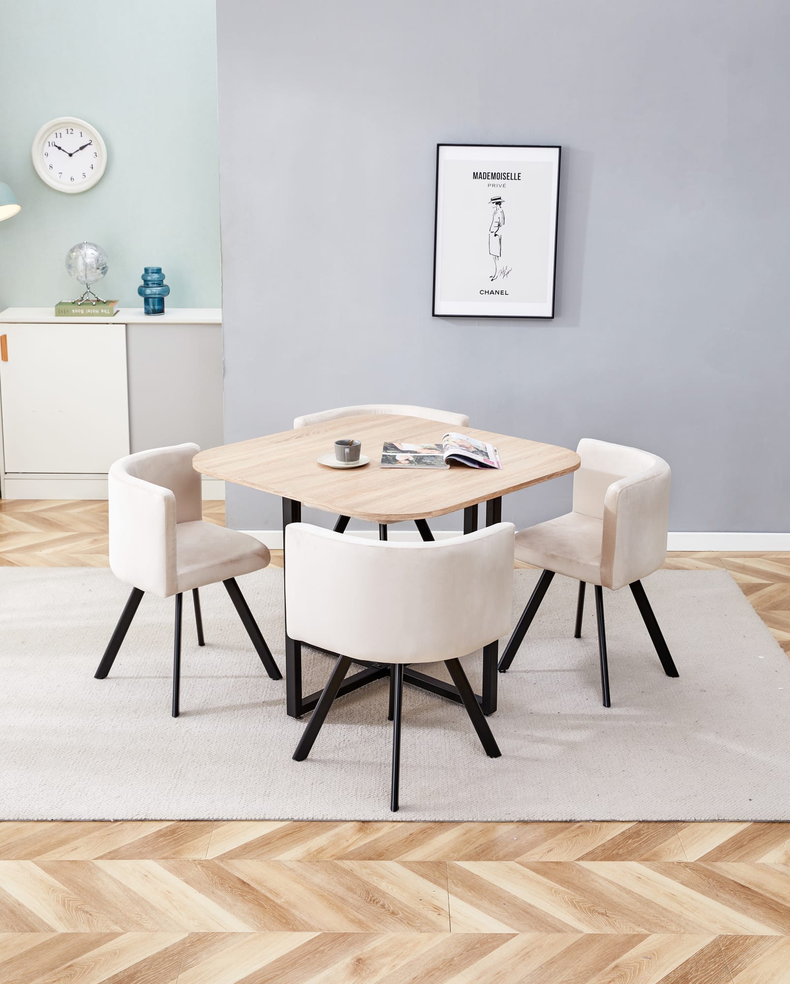 TABLE REPAS VENDOME PLATEAU EN BOIS AVEC 4 CHAISES EN VELOURS B