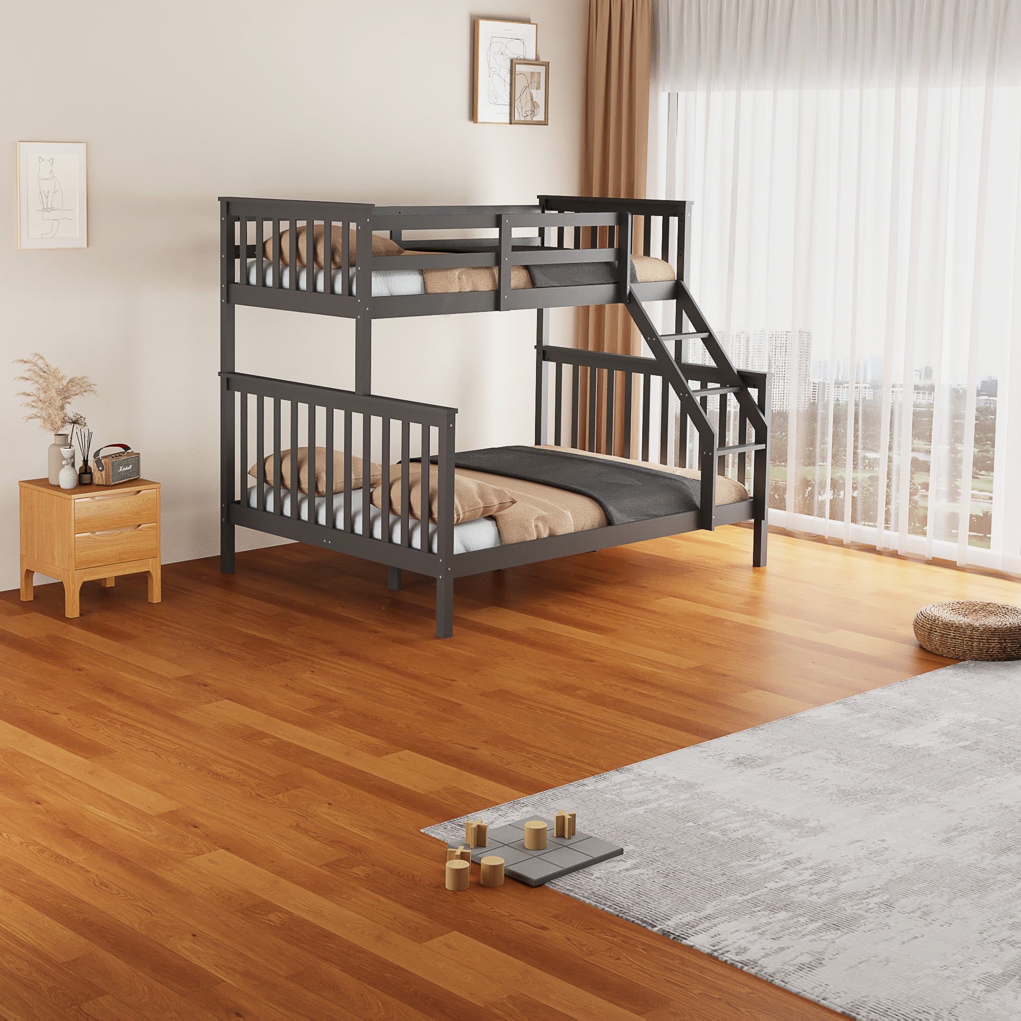 LIT SUPERPOSE BATNA EN BOIS 2+1 GRIS 90X190cm + 140x190cm