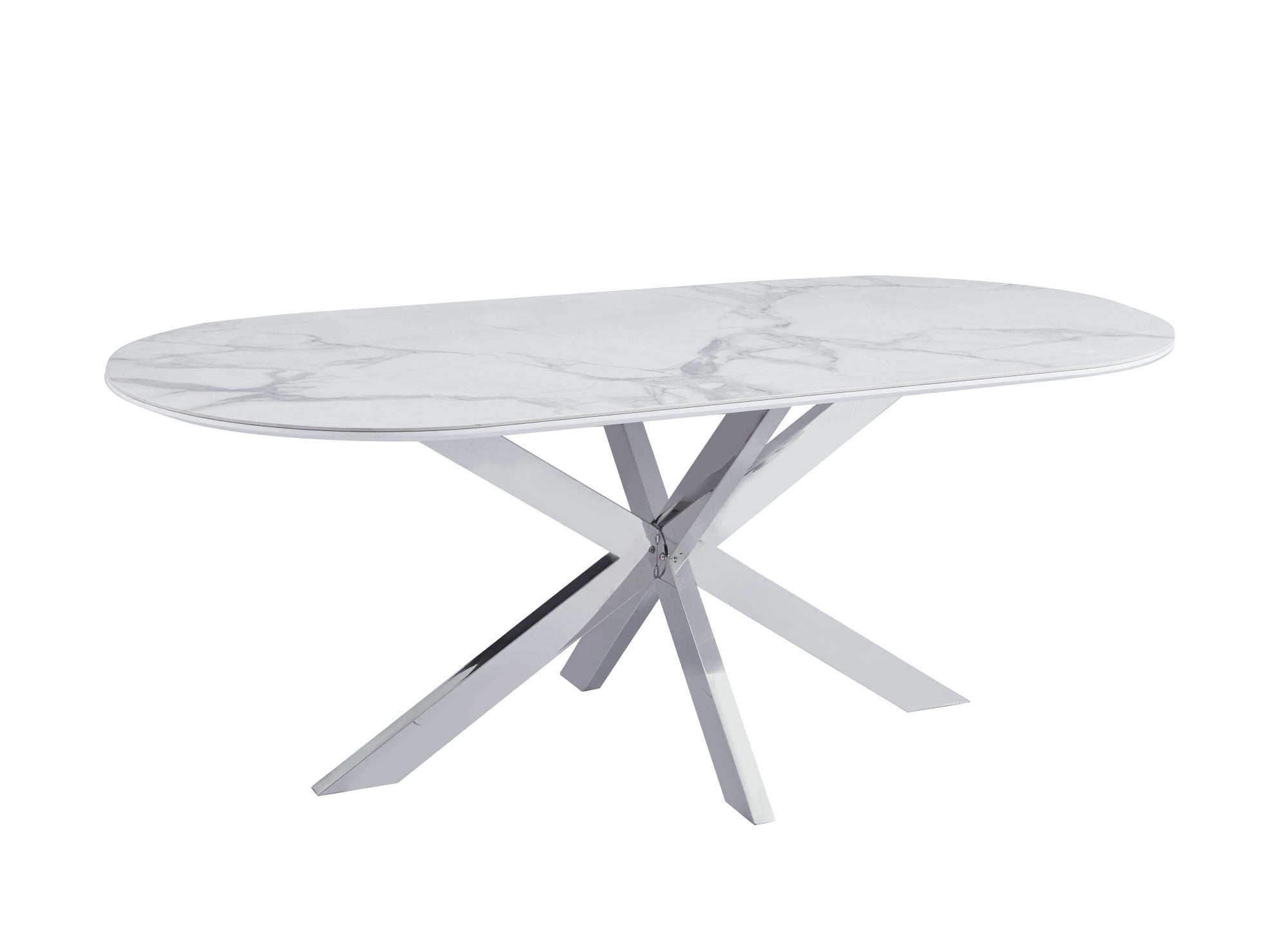 TABLE REPAS MANON PIED CHROME PLATEAU CERAMIQUE MARBRE BLANC 200x100cm