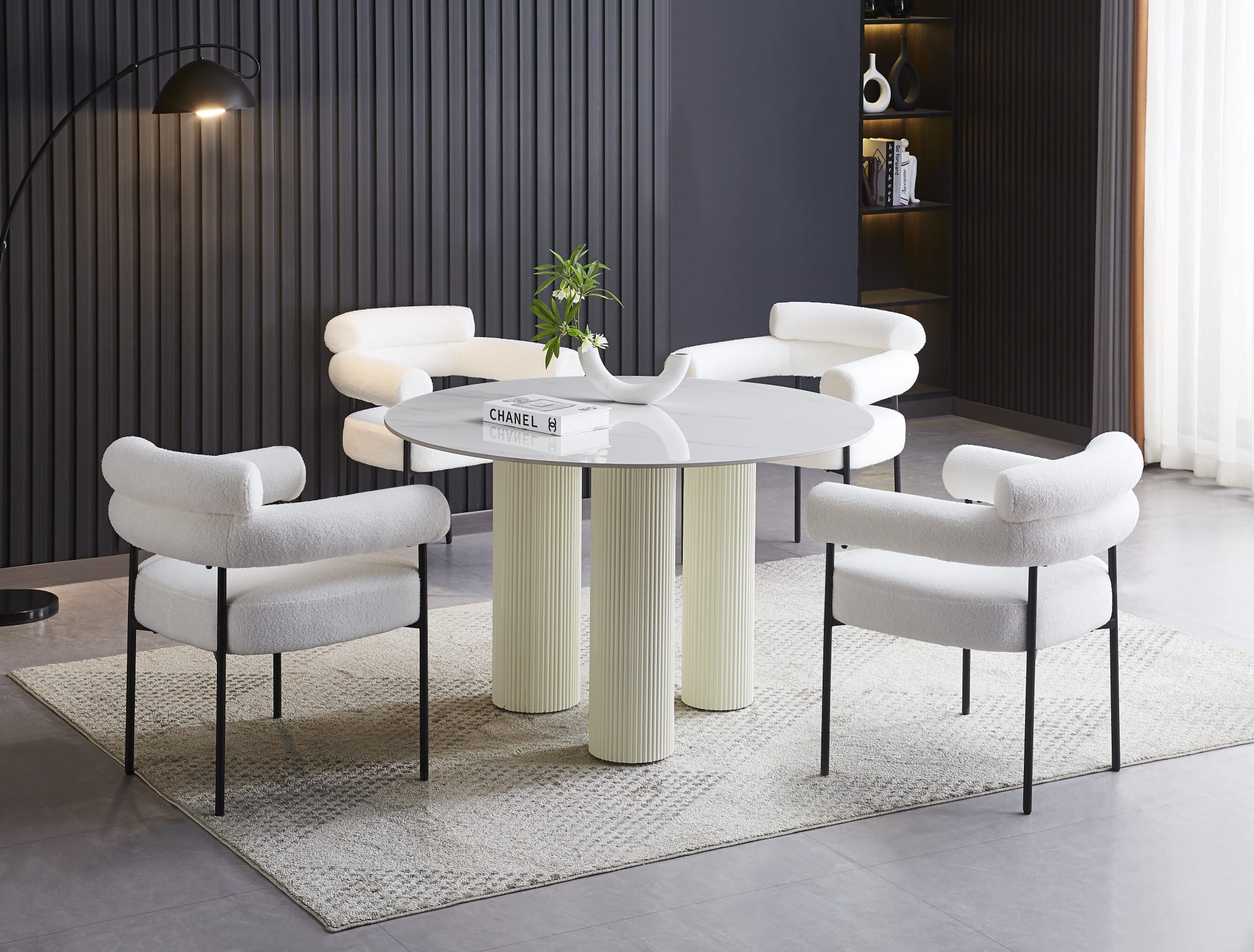 TABLE REPAS ANAÏS PIEDS BEIGE PLATEAU CERAMIQUE MARBRE BLANC 120CM