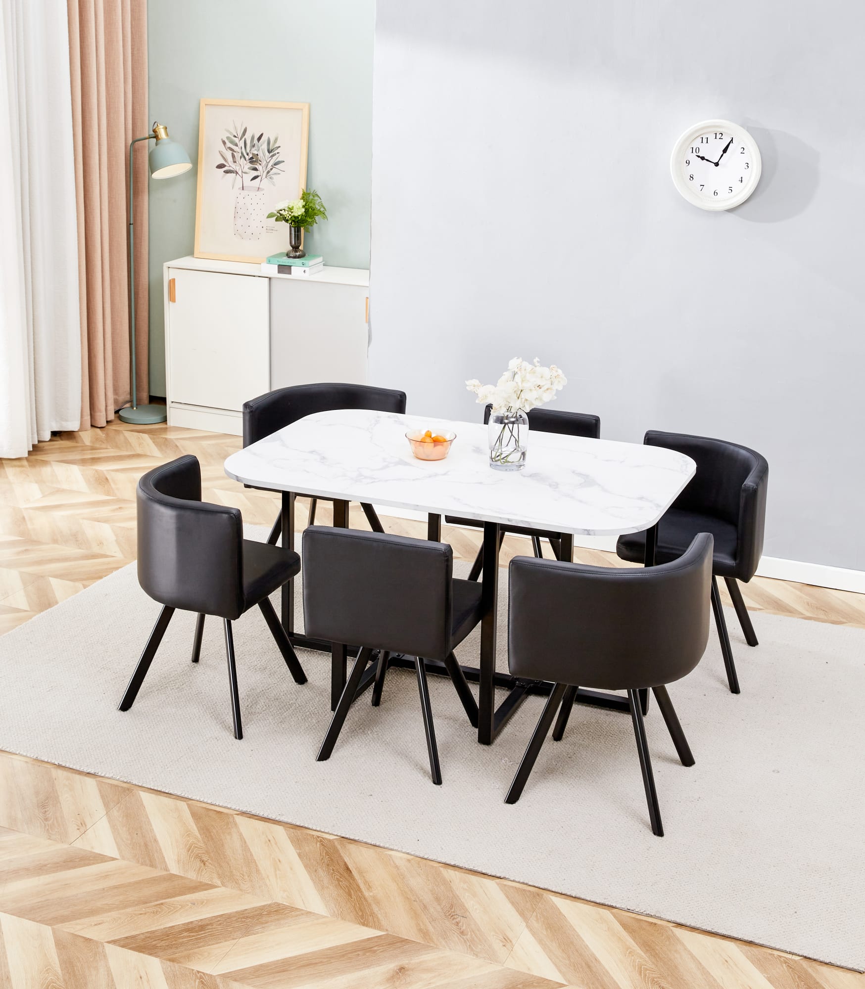 TABLE REPAS VENDOME MARBRE AVEC 6 CHAISES 140x90x75 cm