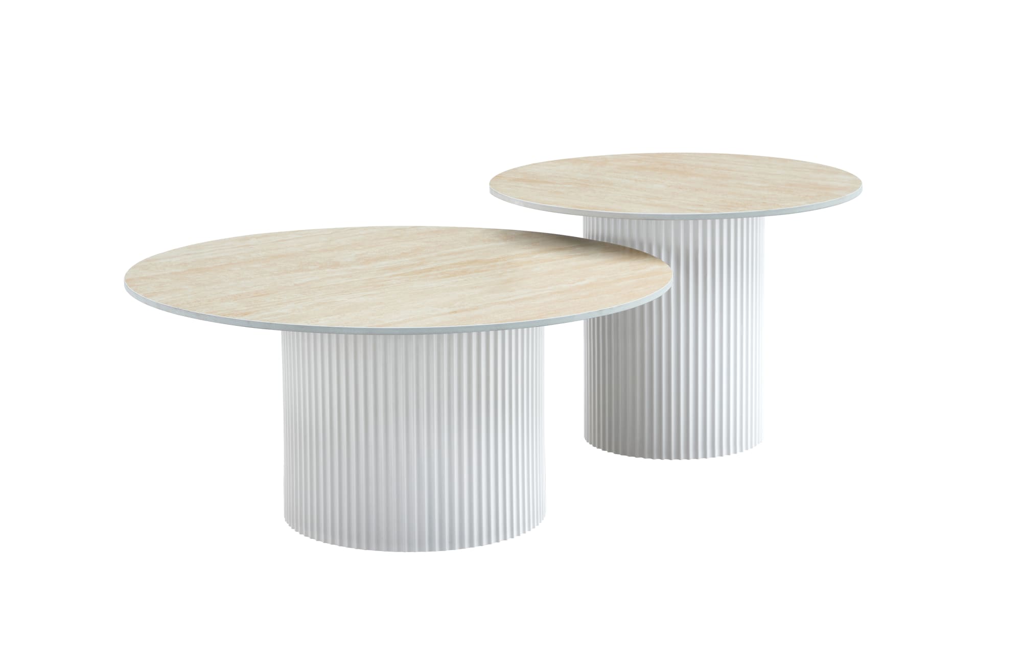 TABLE BASSE GIGOGNE MINA PIED BLANC PLATEAU CERAMIQUE TRAVERTIN MAT 60x45cm + 80x38cm