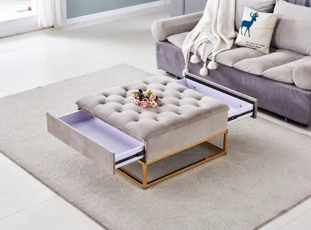 Table Basse rangements TIROIRS plateau velours capitonné