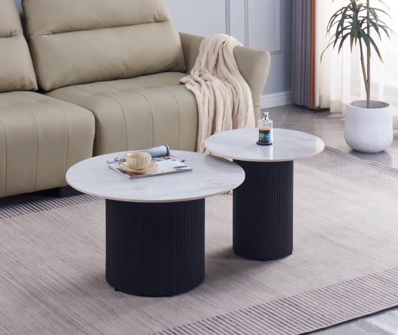 TABLE BASSE GIGOGNE POLPO METAL NOIR PLATEAU CERAMIQUE MARBRE GRIS 70x70x38 + 50x50x45