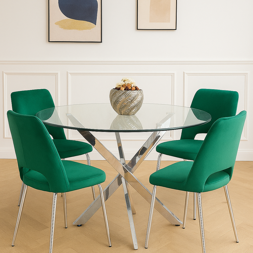 ALIA Table repas ronde verre trempé structure métal argentée - Decora Home