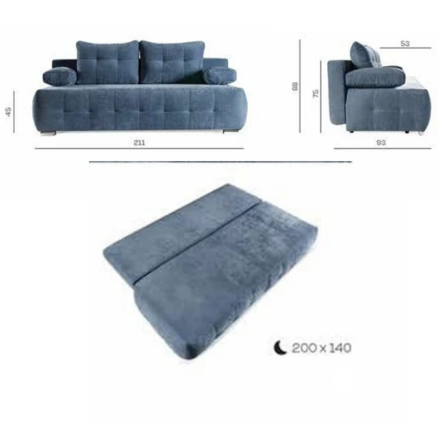 Canapé-lit matelassé  211 cm sans côtés avec fonction couchage, coffre