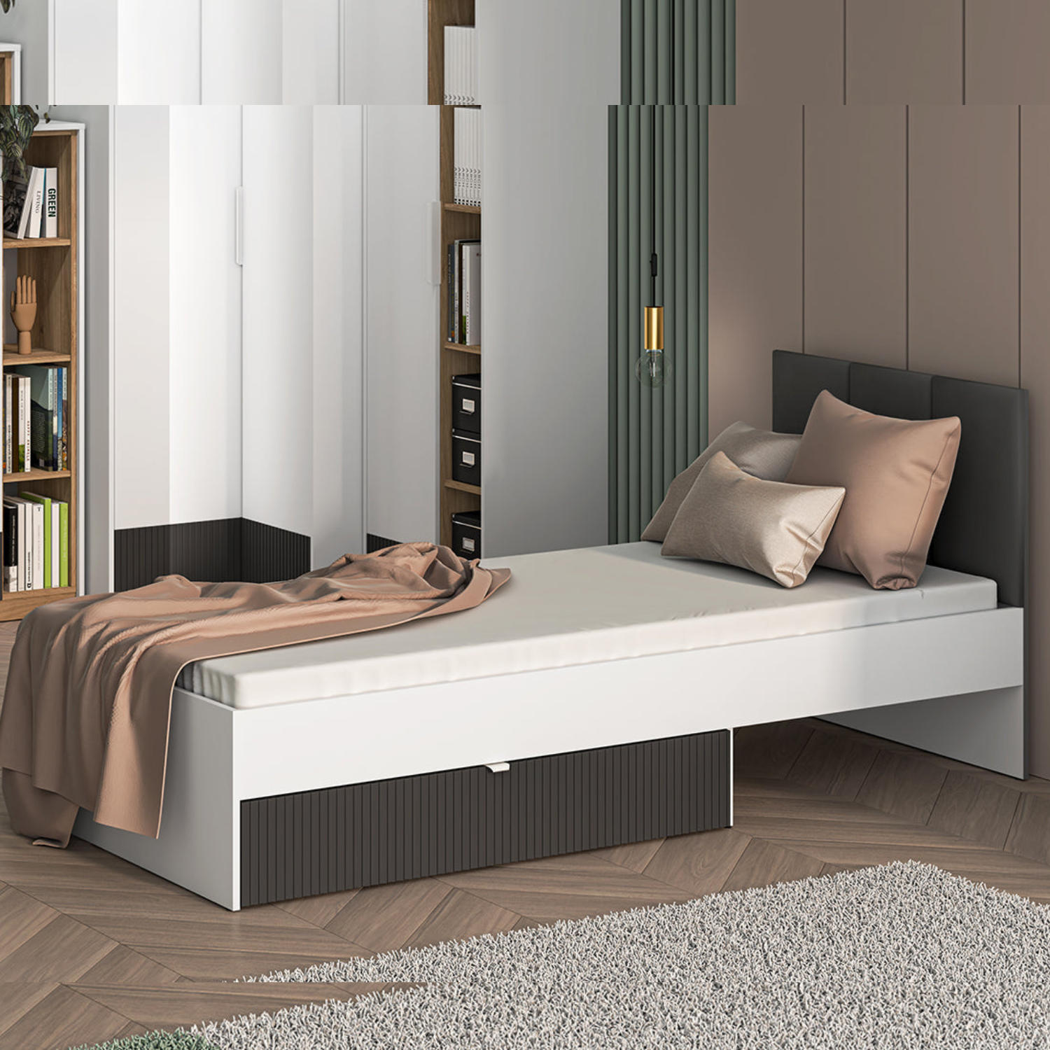 Lit Moderne avec Finition Graphite Mat & Blanc – 90x207 cm