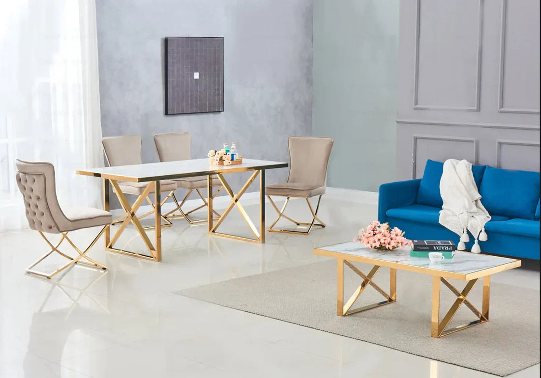 Ensemble de table à Manger en Marbre Blanc et 4 Chaises en Velours Beige