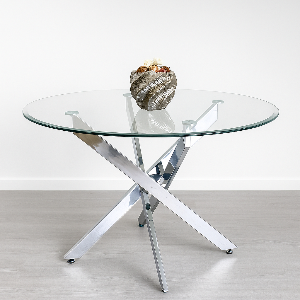 ALIA Table repas ronde verre trempé structure métal argentée - Decora Home