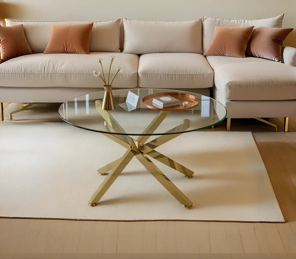 Table Basse Ronde en Verre ou Effet Marbre avec Structure Dorée ou Argentée