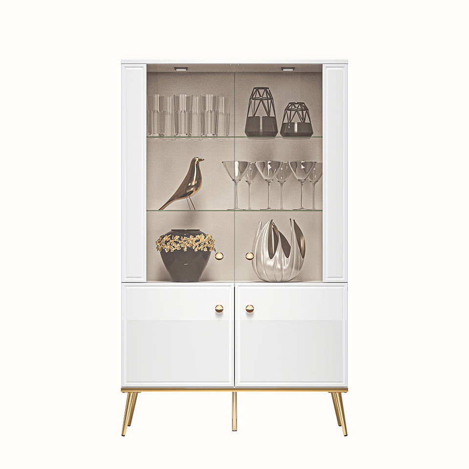 Vitrine en Bois Blanc Laqué Brillant avec Pieds Dorés – Verre Trempé, Éclairage Tactile et Tiroir à Extension|Offre Spéciale|Decora Home