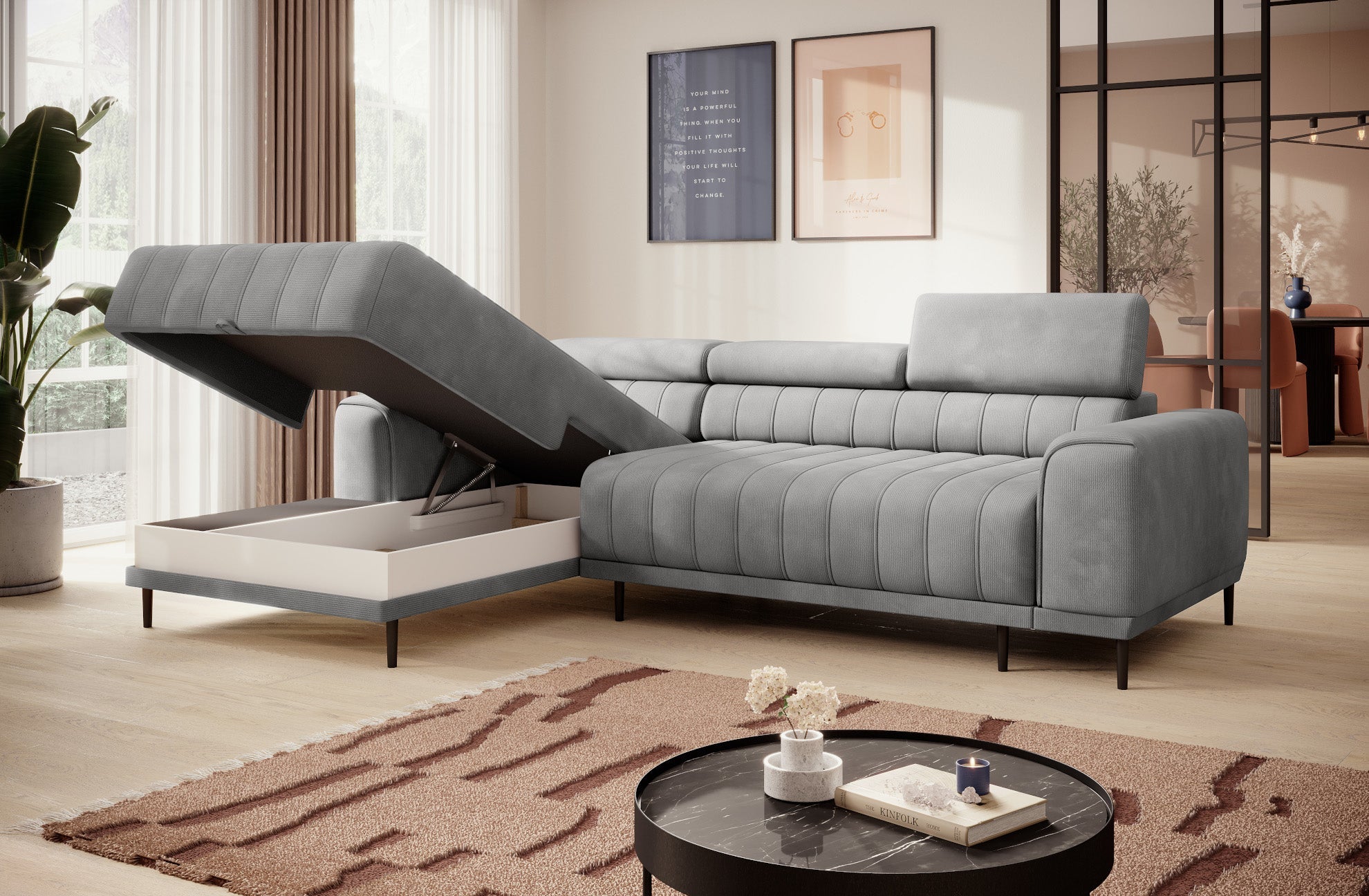 Canapé d’angle – Design moderne, appuis-tête réglables, lit d’appoint & coffre de rangement - Decora Home