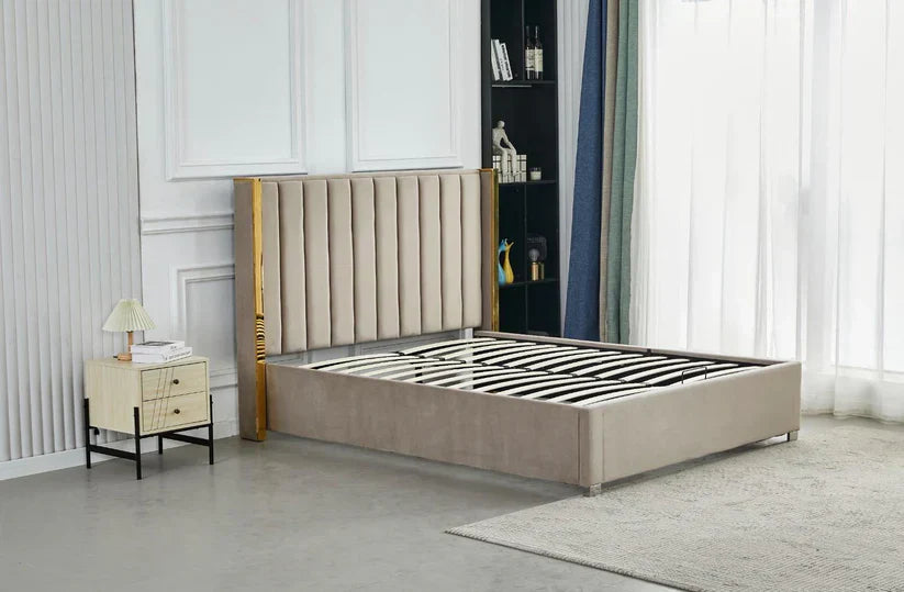 Lit Coffre avec Tête Capitonnée avec Rangement – Velours Taupe, Gris ou Noir – 140x200 / 160x200 cm - Decora Home