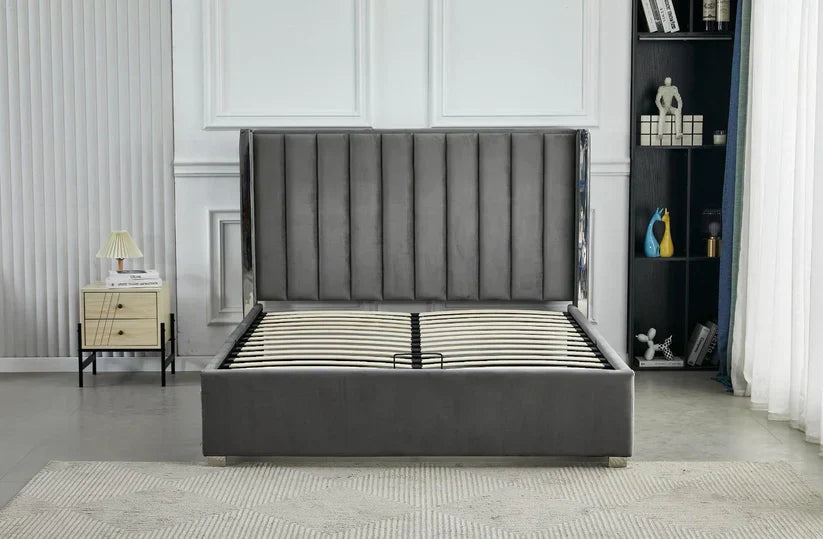 Lit Coffre avec Tête Capitonnée avec Rangement – Velours Taupe, Gris ou Noir – 140x200 / 160x200 cm - Decora Home
