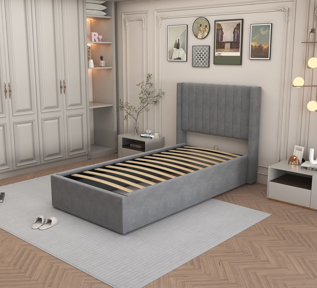 LIT COFFRE CAMILLE en velours gris90X190CM