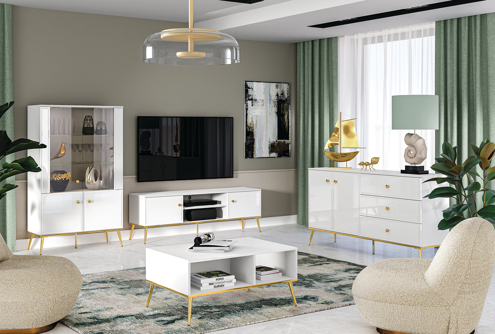 Vitrine en Bois Blanc Laqué Brillant avec Pieds Dorés – Verre Trempé, Éclairage Tactile et Tiroir à Extension - Decora Home