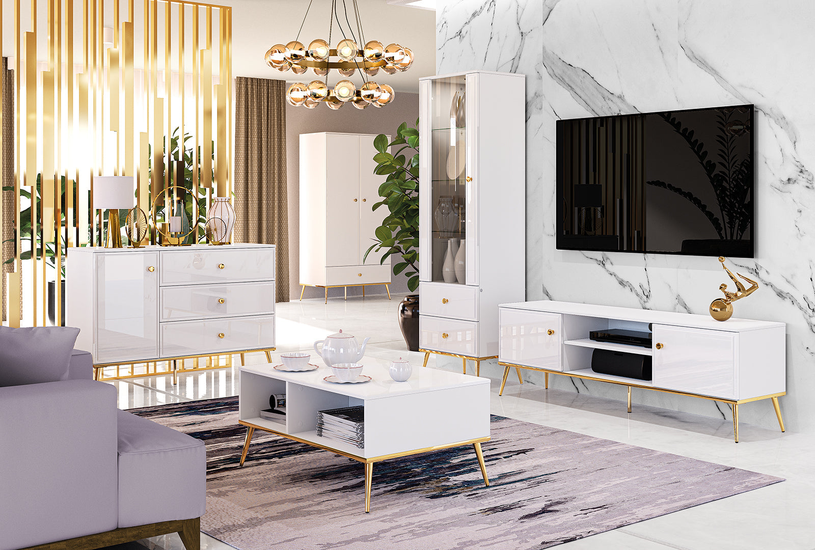 Vitrine en Bois Blanc Laqué Brillant avec Pieds Dorés – Verre Trempé, Éclairage Tactile et Tiroir à Extension - Decora Home
