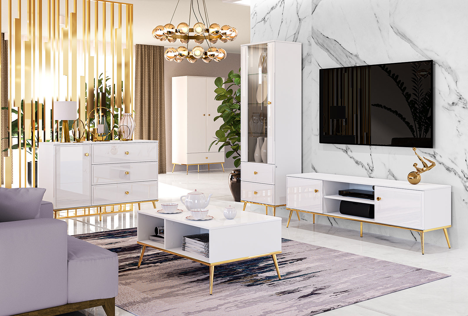 Vitrine Blanc Brillant avec Verre Trempé et Tiroir à Extension Complète - Decora Home