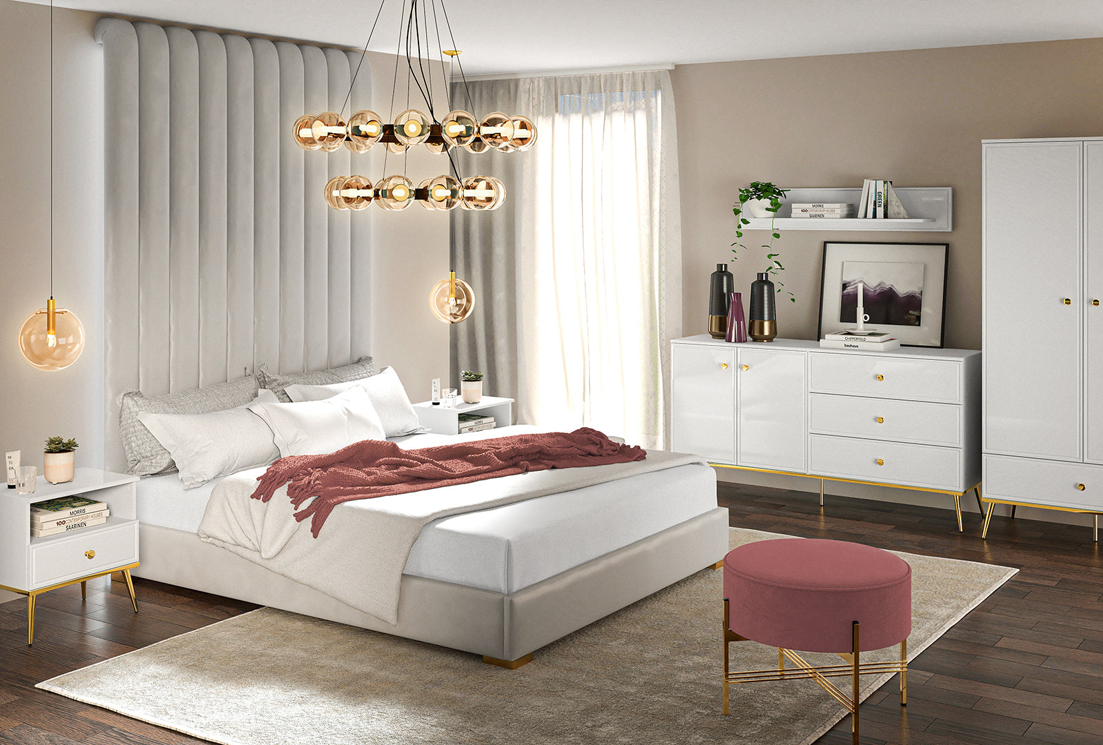 Garde-Robe en Bois Blanc Laqué Brillant avec Pieds Dorés - Decora Home