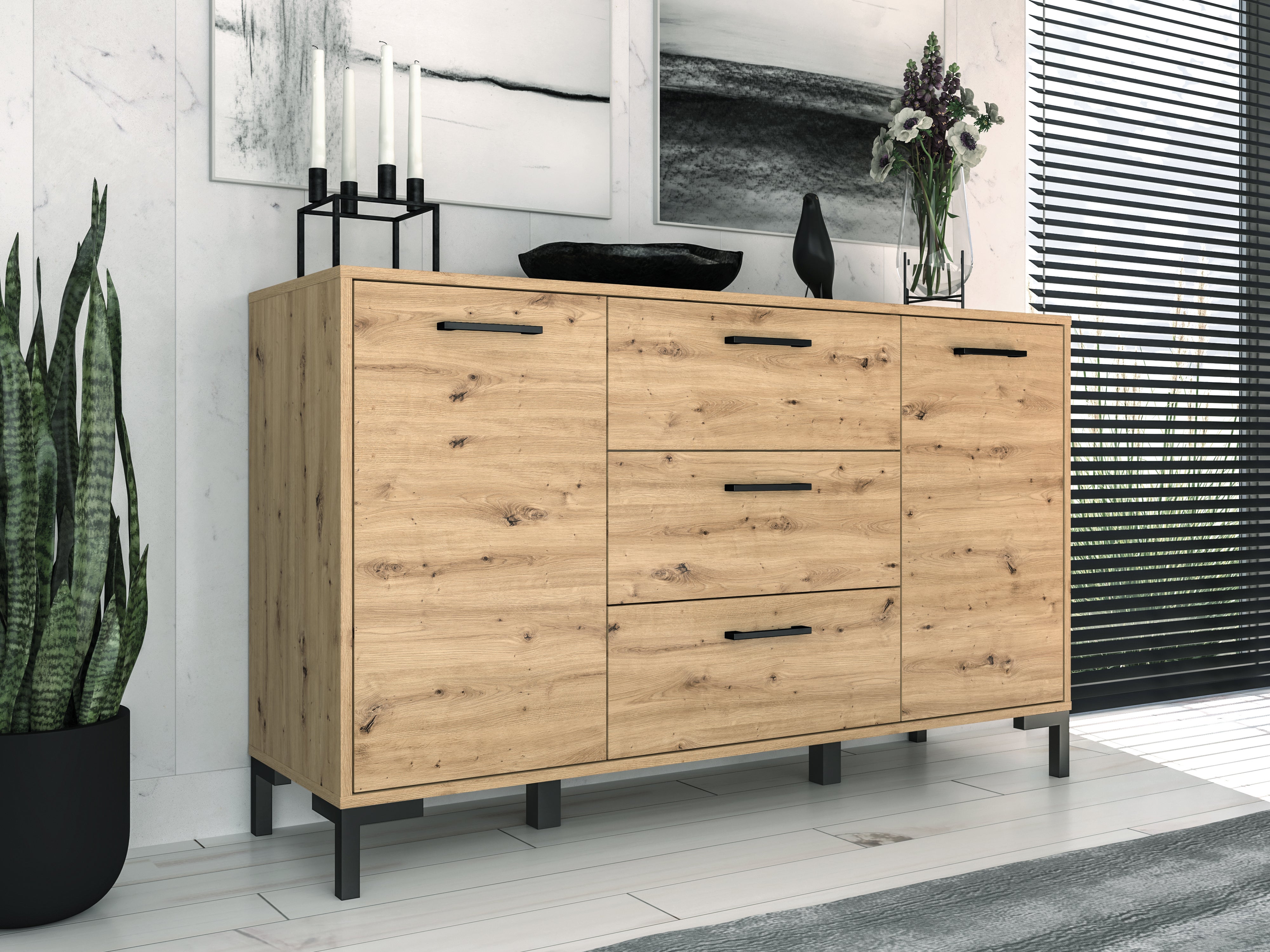Commode, Buffet, Buffet bas en chêne artisanal – 3 portes, style contemporain et finition robuste - Decora Home