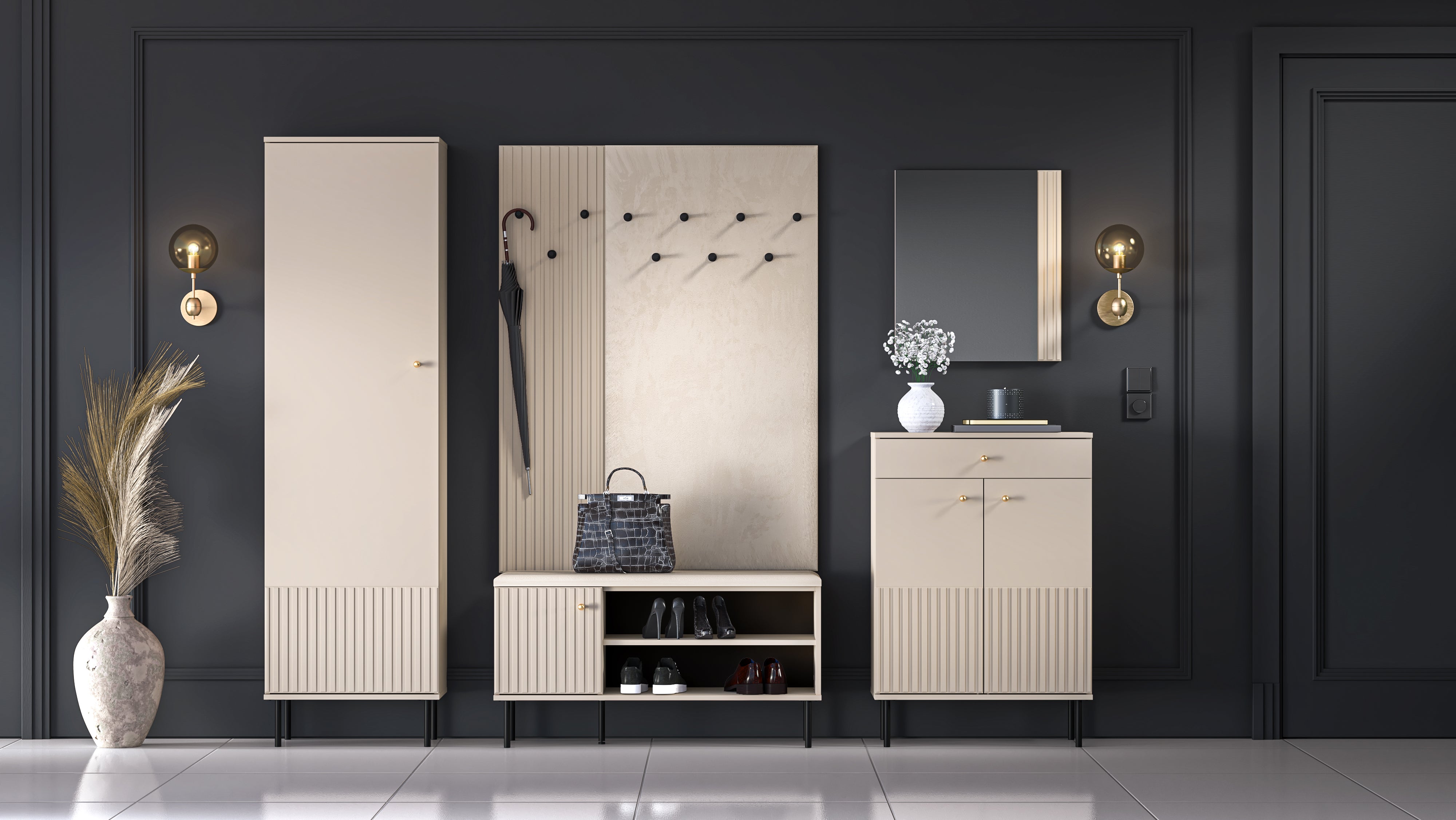 Meuble à Chaussures avec Doubles Portes et Tiroir à Extension Complète - MDF Cachemire - Decora Home