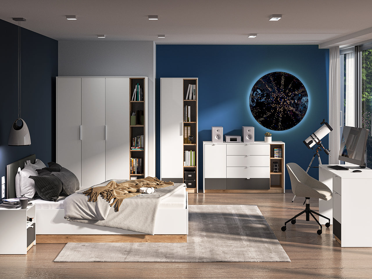 Commode, Buffet enfant moderne avec tiroirs à extension complète – Blanc, Graphite Mat & Chêne Castello - Decora Home