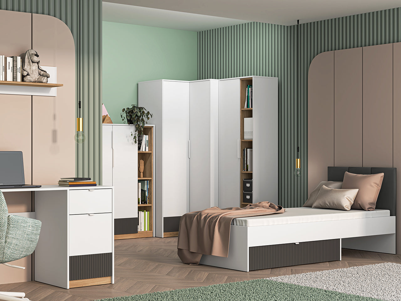 Garde-Robe enfant Moderne en Blanc et Chêne Castello - Panneau Laminé Résistant aux Rayures et à l'Humidité, Capacité de Tiroir Optimisée - Decora Home