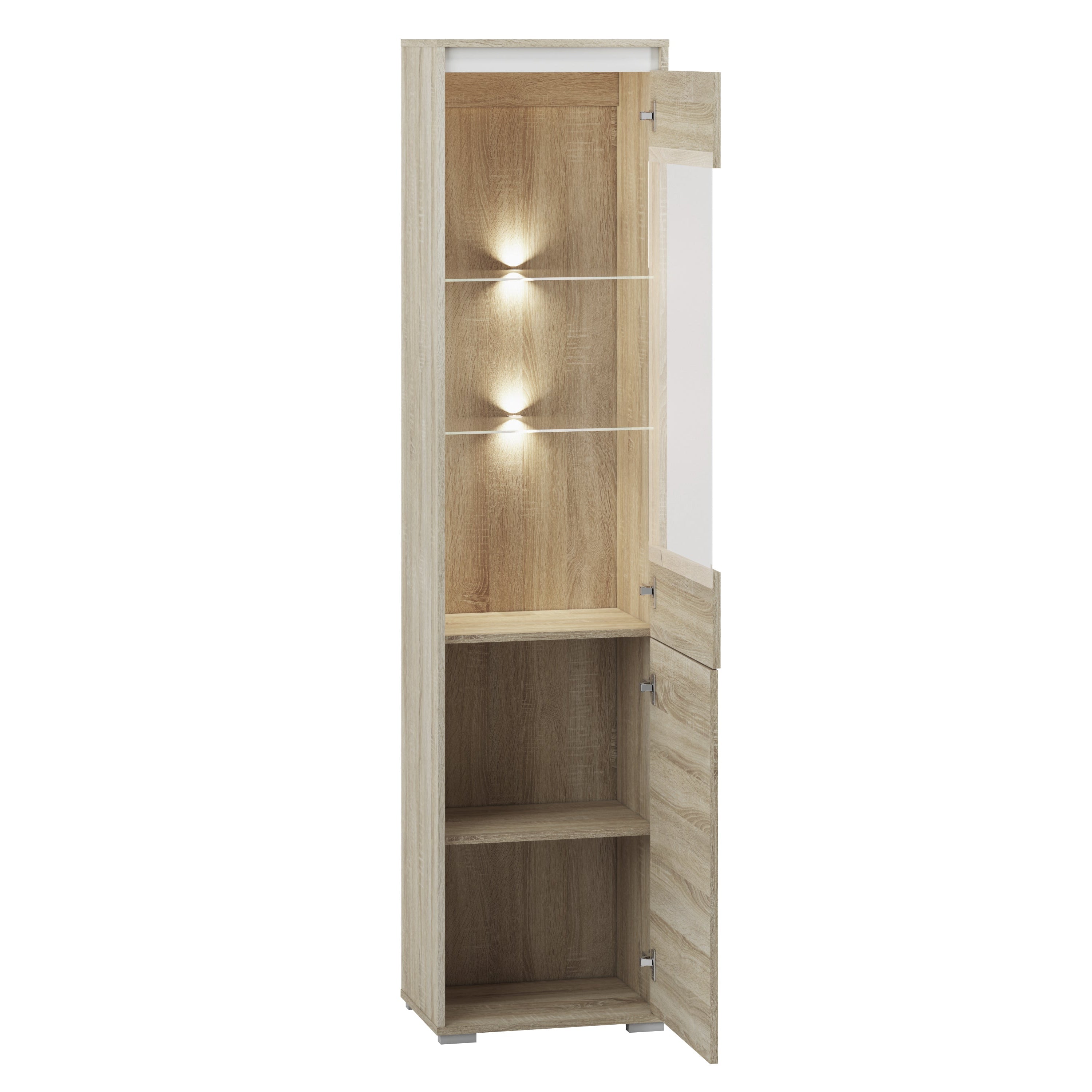 Vitrine Colonne avec Verre Trempé – Éclairage Optionnel – Design Sonoma Clair, Blanc et Anthracite - Decora Home